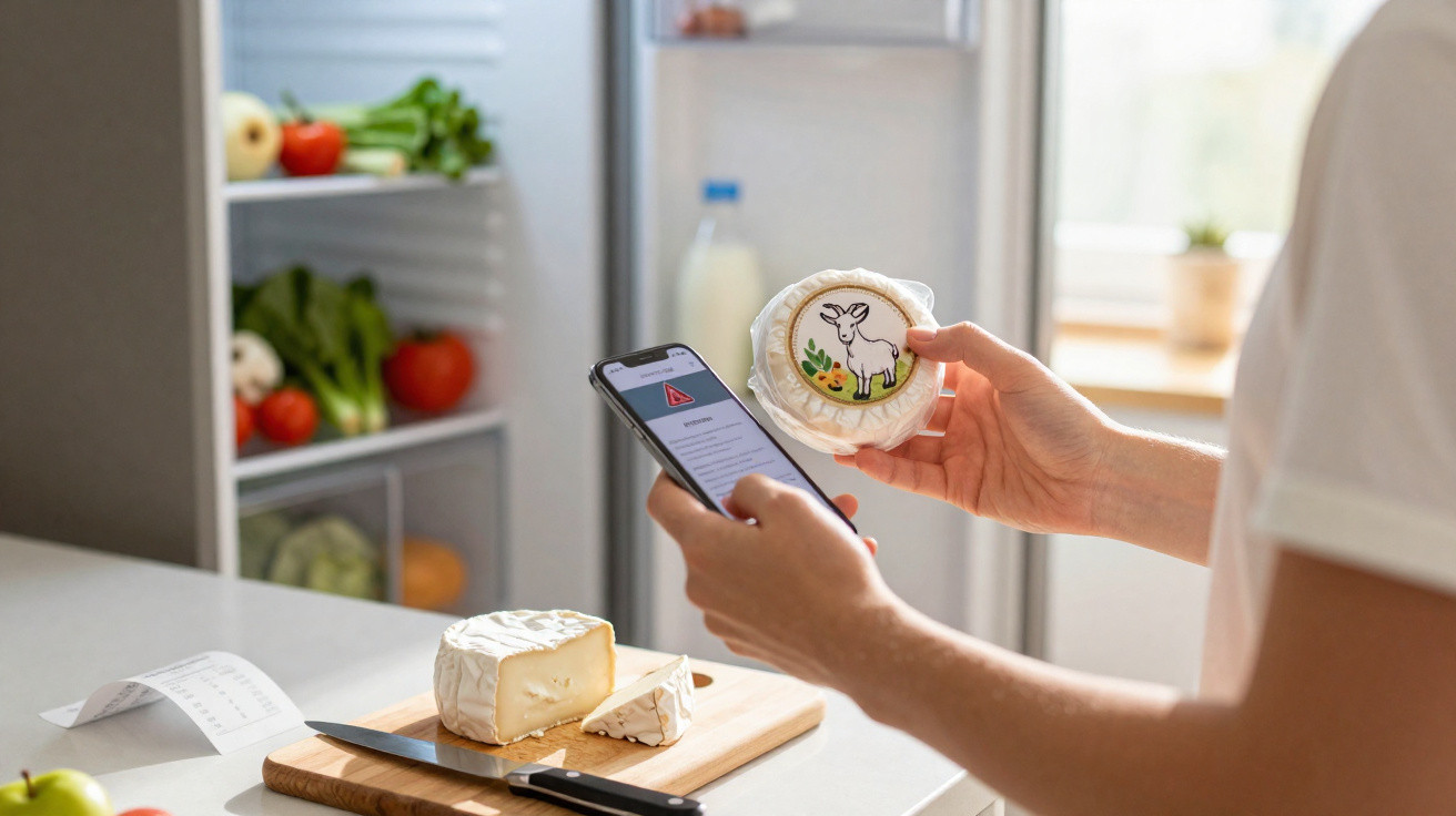 Pessoa a consultar aviso sobre queijo de cabra enquanto segura um smartphone, com queijo cortado na bancada e frigorífico abe