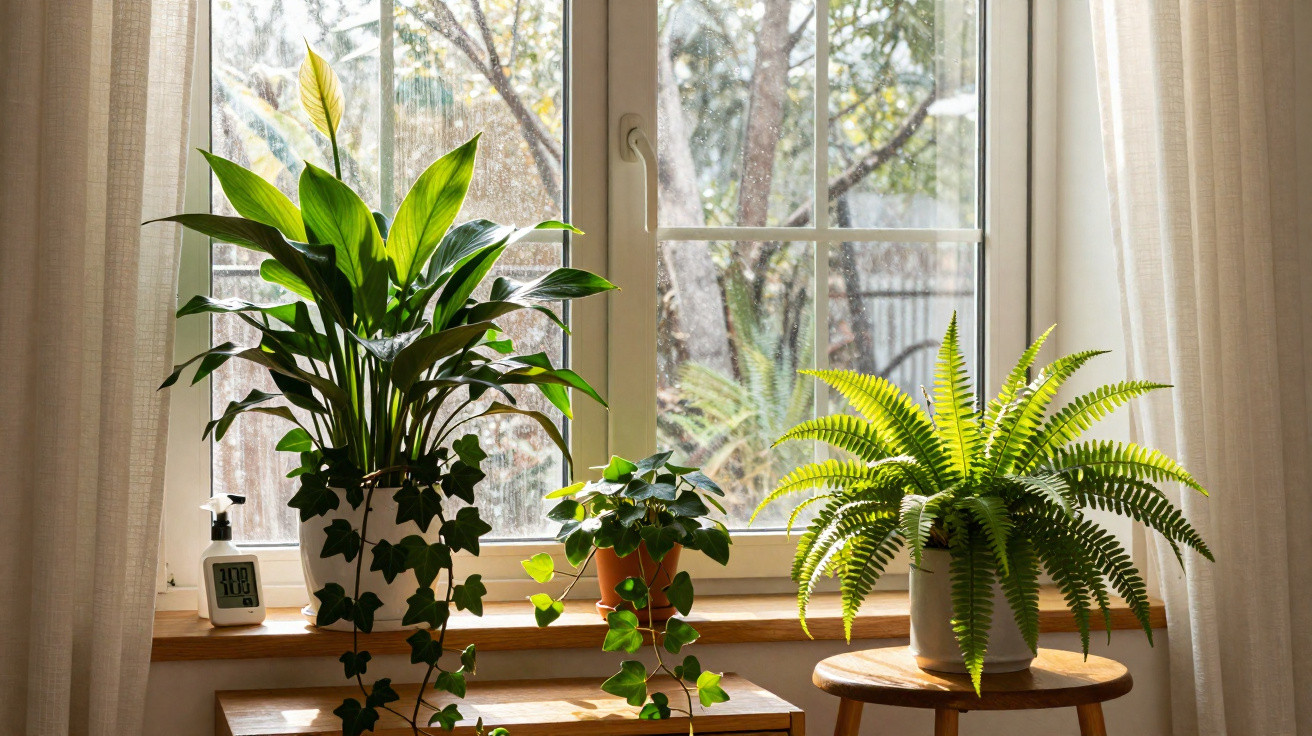 Janelas com três plantas em vasos e um pequeno termómetro digital, com cortinas brancas e luz natural.