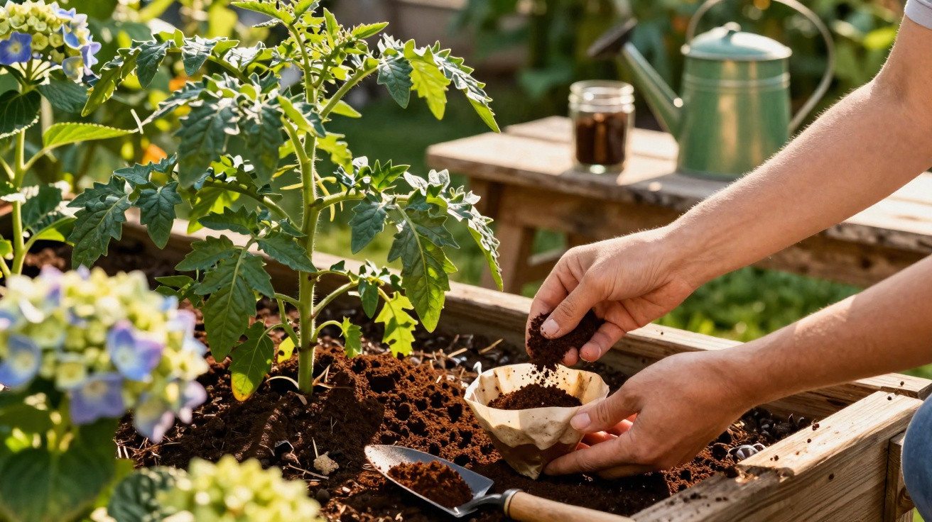 Pessoa a adicionar composto orgânico em canteiro com planta jovem, ferramentas e regador ao fundo.