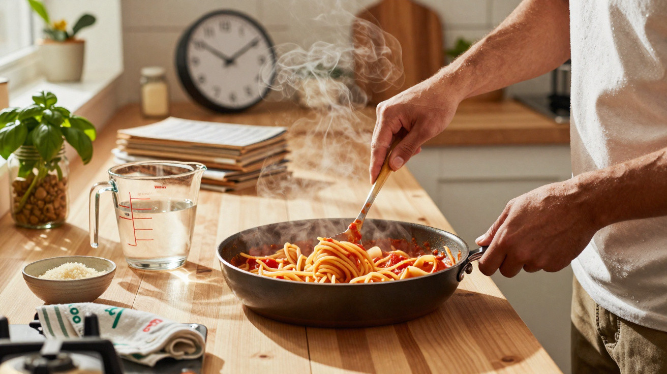 Pessoa a cozinhar esparguete com molho tomate numa frigideira numa cozinha iluminada natural.