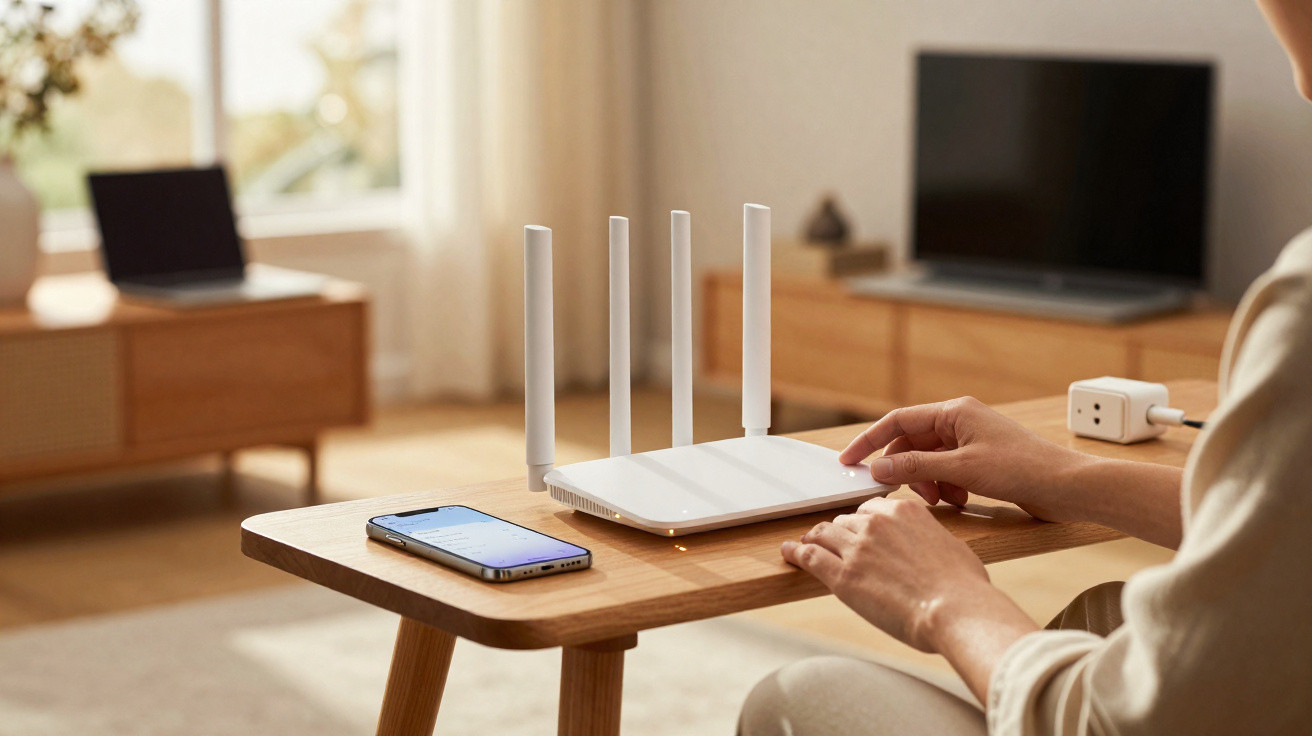 Pessoa a configurar um router Wi-Fi branco numa mesa de madeira numa sala iluminada.
