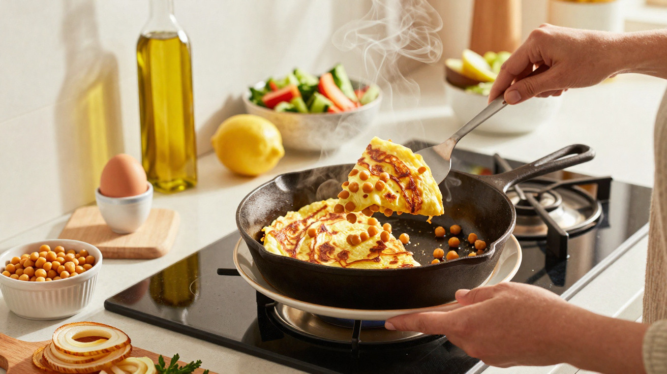 Pessoa a virar panquecas com grão-de-bico numa frigideira quente numa cozinha iluminada por luz natural.