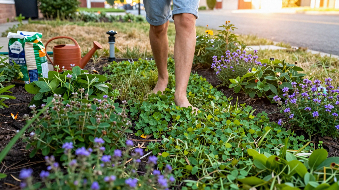 Pés descalços de uma pessoa a caminhar num jardim com plantas verdes e flores roxas ao entardecer.