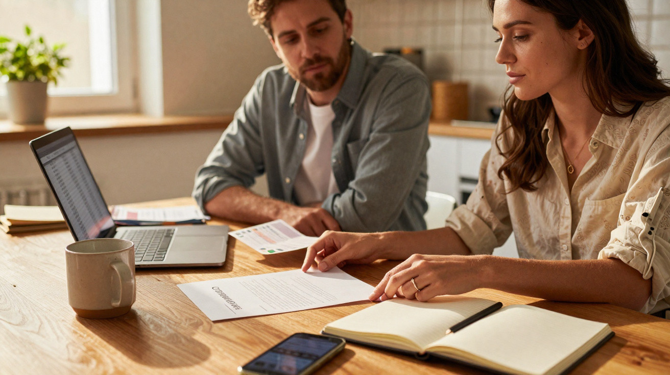 Casal jovem a analisar documentos sentados à mesa com computador portátil e caderno na cozinha.