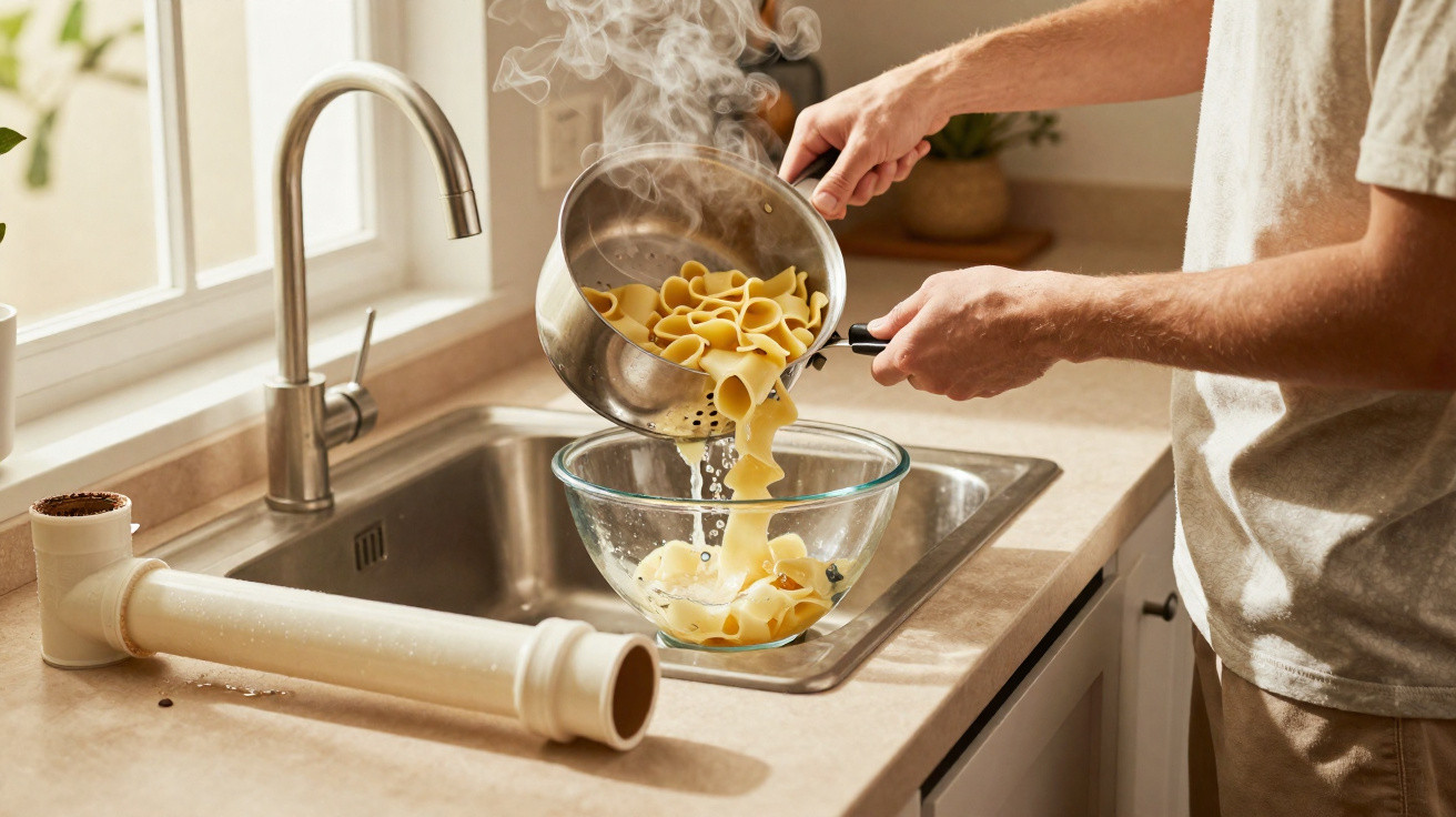 Pessoa a escorrer e colocar massa quente numa tigela de vidro numa cozinha moderna.