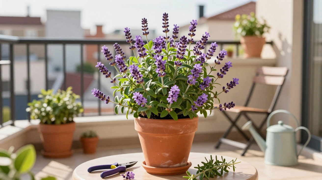 Vaso de barro com planta de lavanda roxa numa varanda ensolarada com ferramentas de jardinagem.