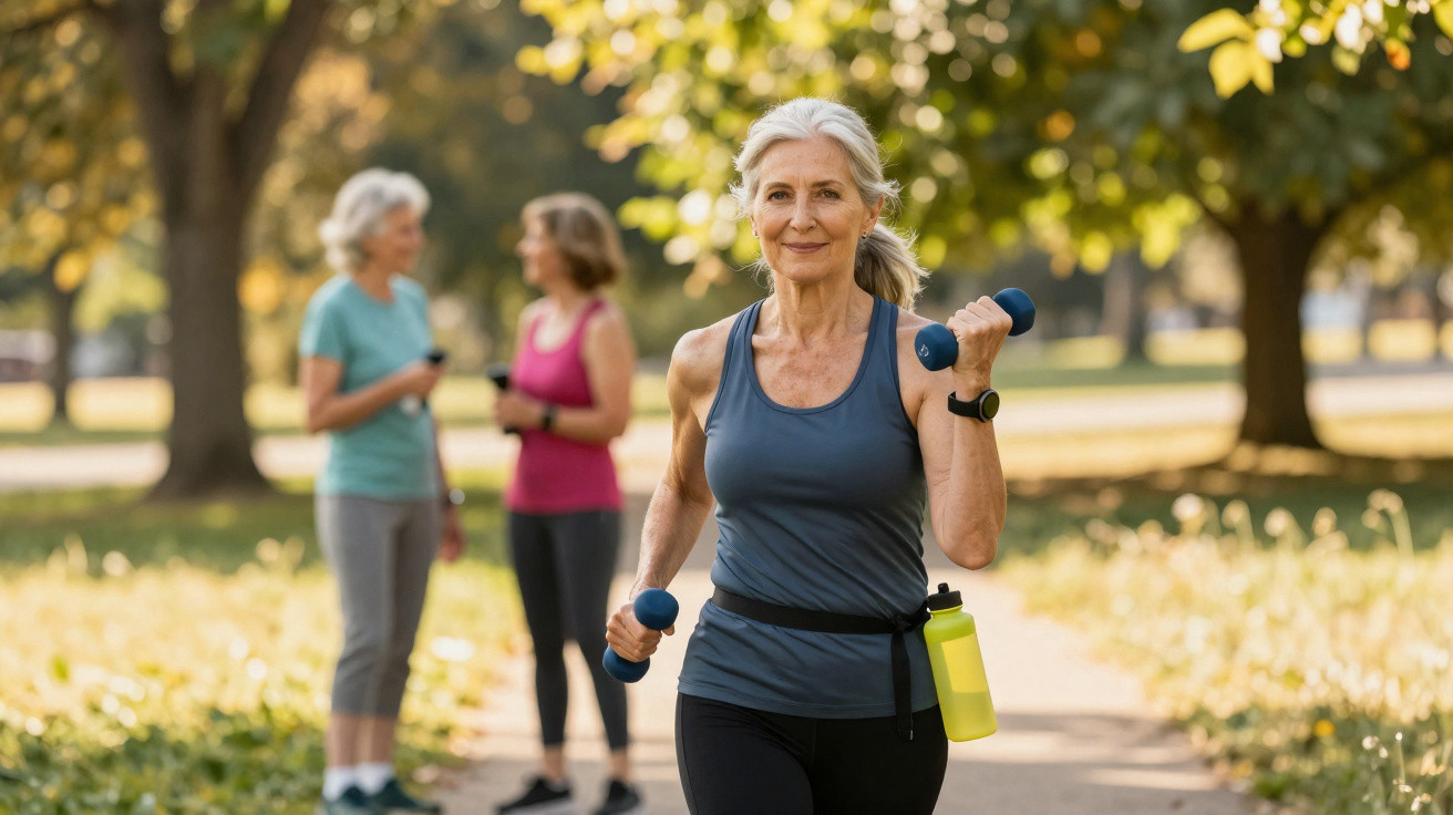 Mulher sénior a caminhar e exercitar-se com halteres num parque, com duas amigas ao fundo a conversar.