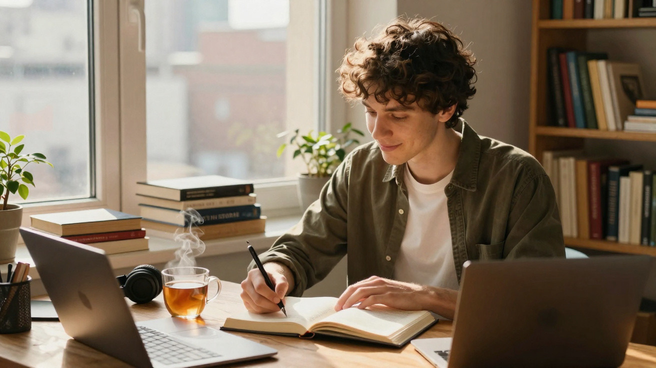 Jovem sentado a escrever num livro, com chá quente, computador portátil e livros numa mesa junto à janela.