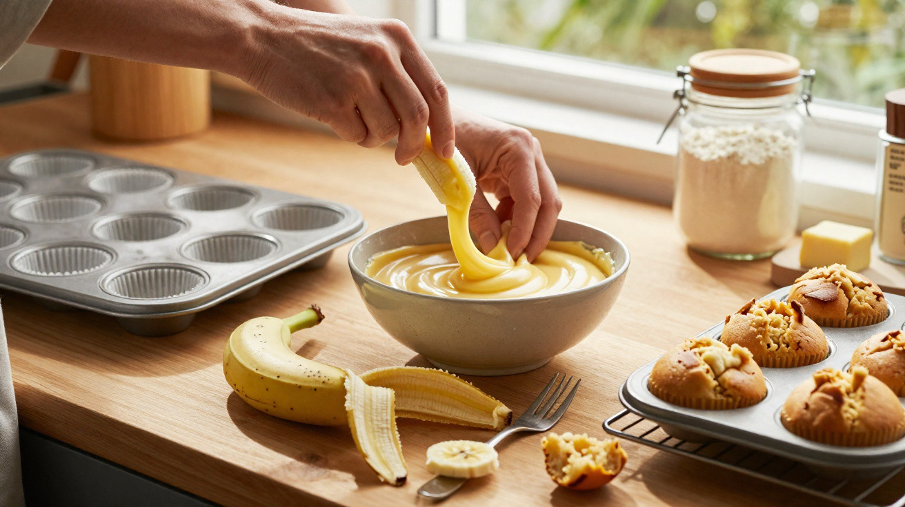 Pessoa a mexer massa de cupcake numa taça, com cupcakes, banana e ingredientes na bancada.