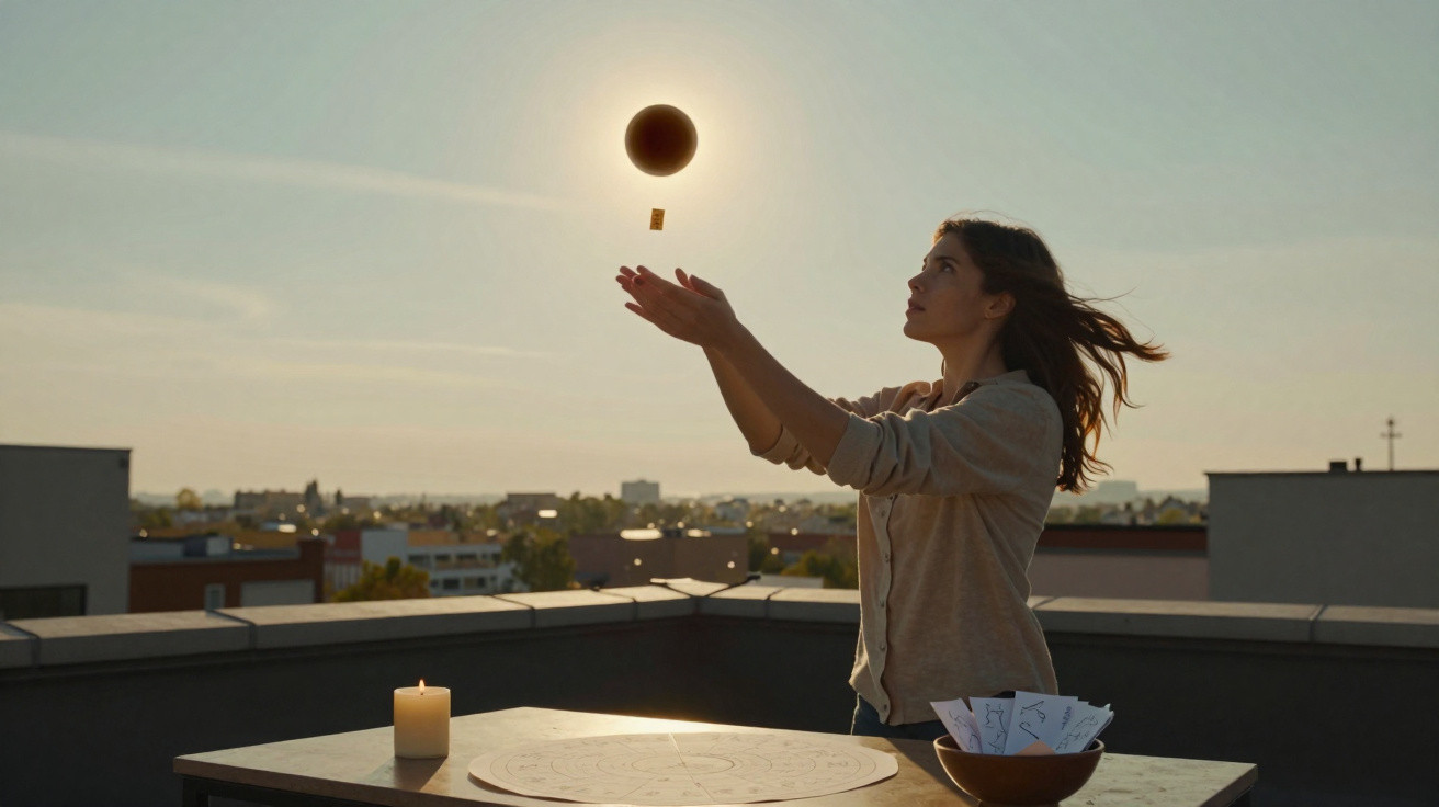 Mulher jovem num terraço à tarde, soltando papéis com um círculo negro ao sol, mesa com vela e desenhos esotéricos.