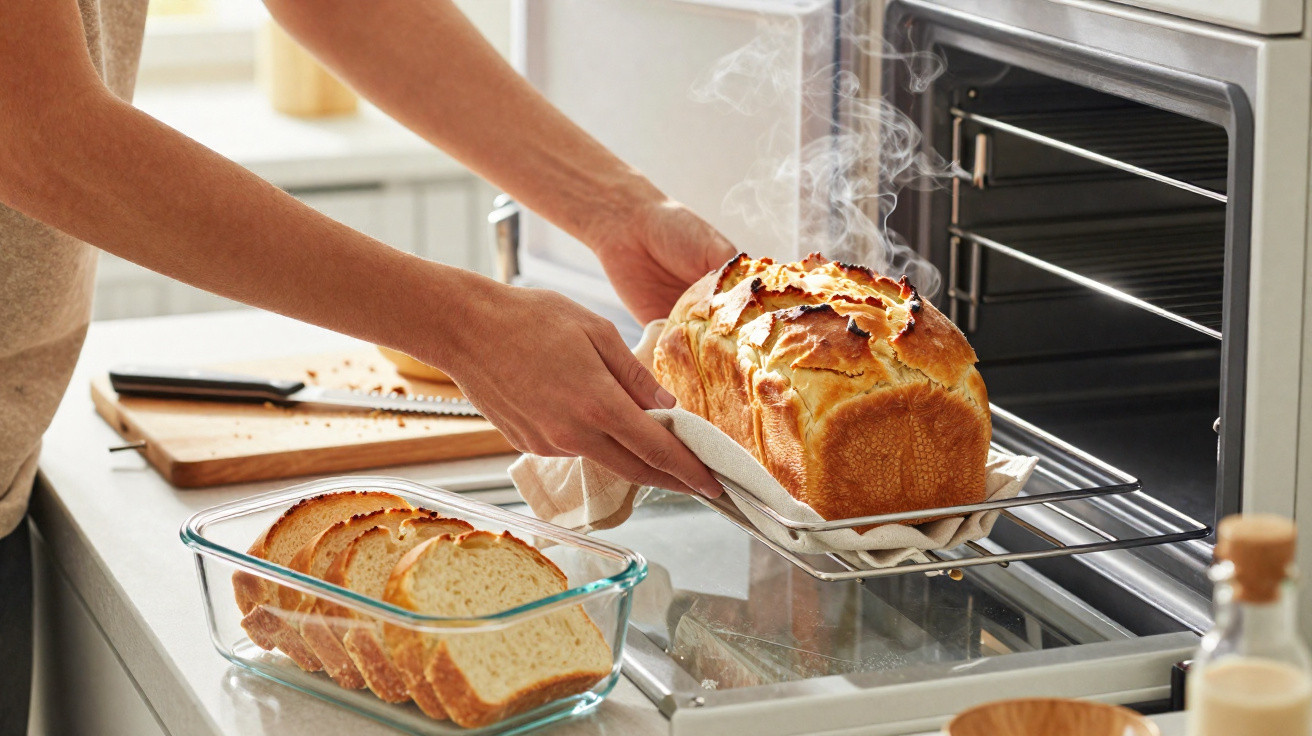 Pessoa a retirar pão quente acabado de sair do forno de cozinha moderna, pão fatiado em recipiente de vidro.
