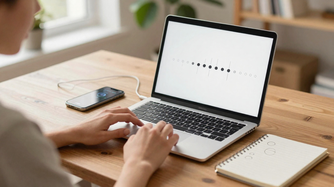 Pessoa a usar teclado exterior com ecrã de portátil e smartphone numa mesa de madeira com bloco de notas e metrónomo.