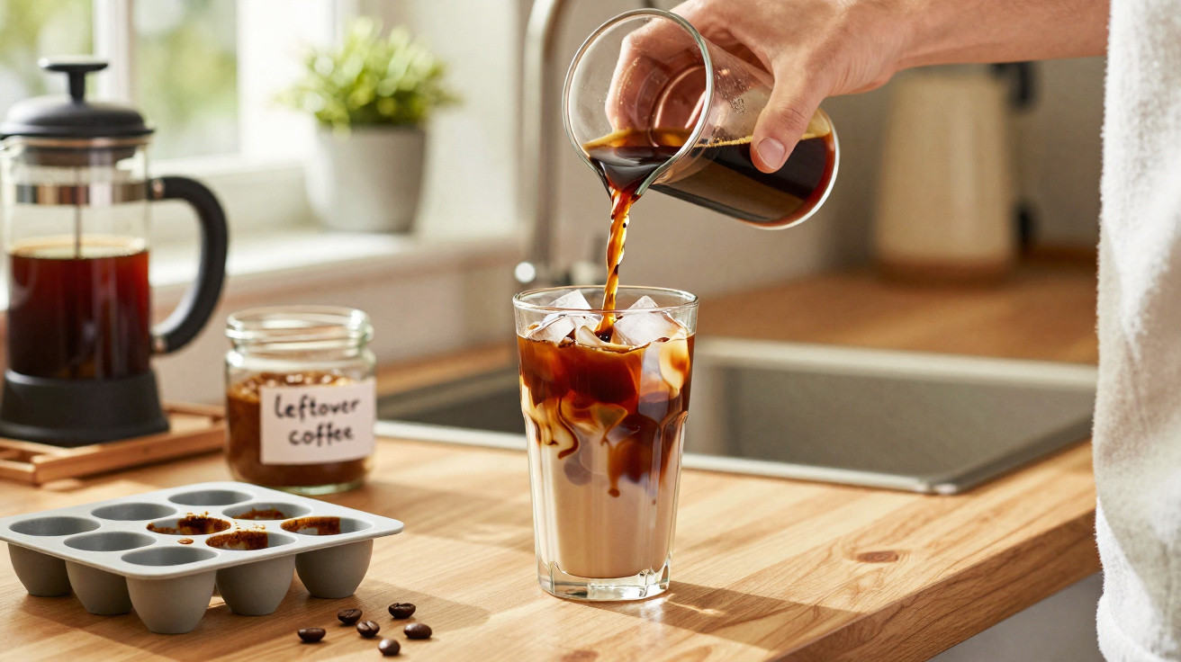 Pessoa a verter café num copo com gelo e leite numa cozinha luminosa e moderna.