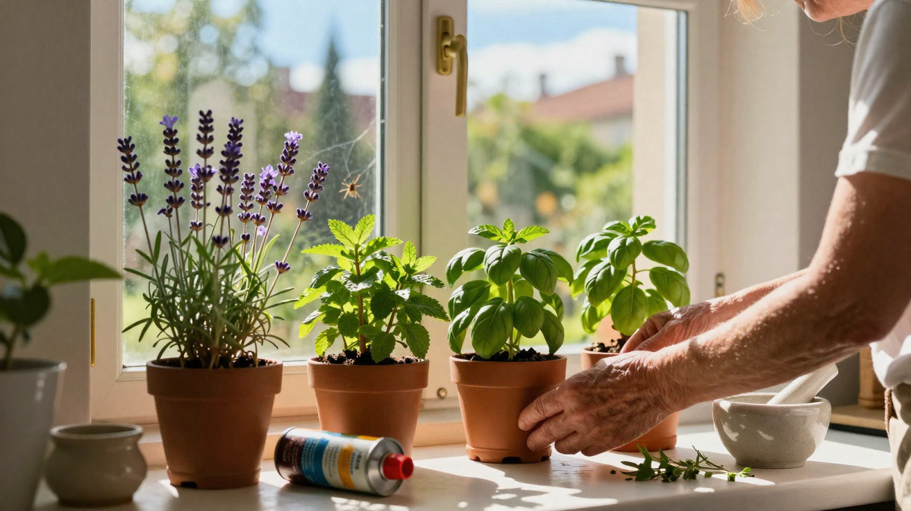 Mãos a cuidar de plantas de manjericão e lavanda em vasos junto a uma janela iluminada pelo sol.