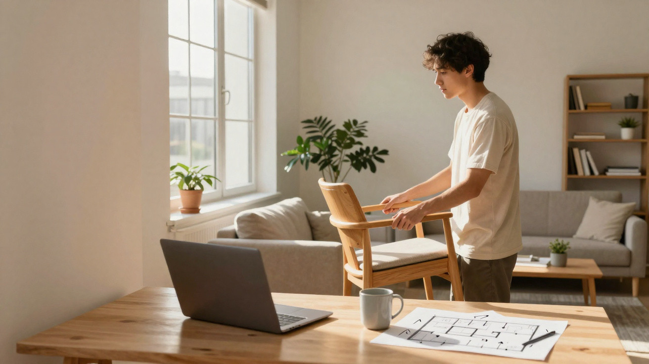 Homem jovem a ajustar cadeira junto a secretária com computador portátil e planta numa sala iluminada.