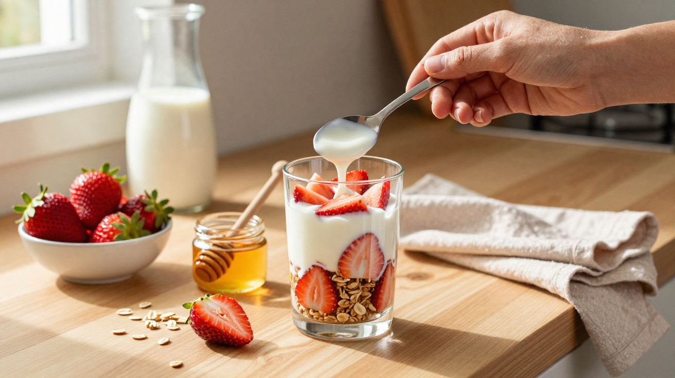 Taça com iogurte, morangos e granola numa mesa de madeira com mão a colocar colherada de iogurte.