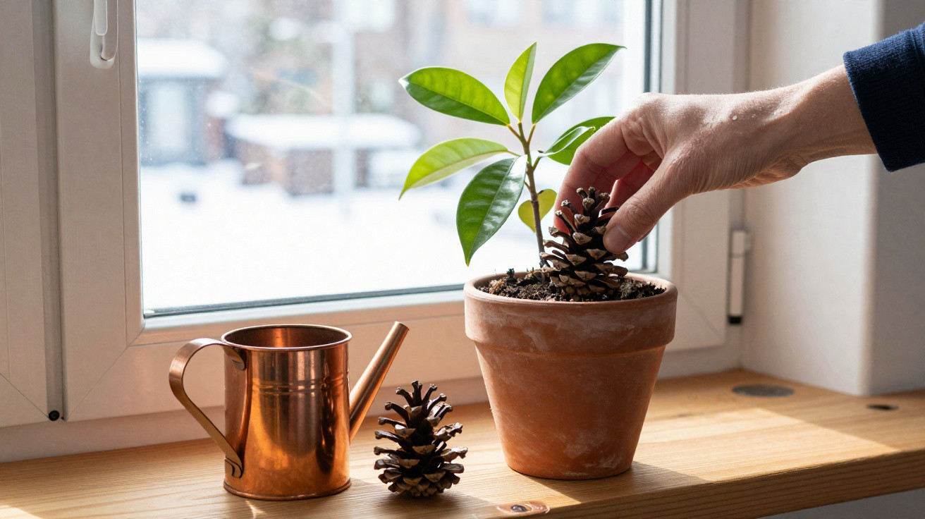 Mão a colocar uma pinha numa planta em vaso de barro numa janela, com regador de metal ao lado.