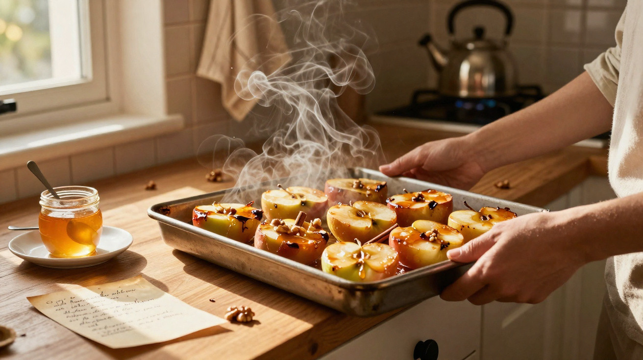 Tabuleiro com maçãs assadas fumegantes segurado por uma pessoa numa cozinha iluminada pela luz natural.