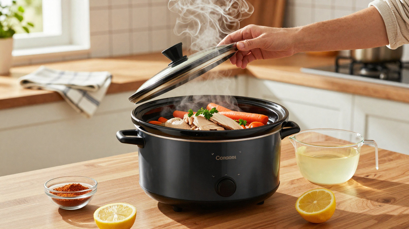 Panela elétrica preta com comida a cozinhar e vapor, numa cozinha luminosa e moderna.