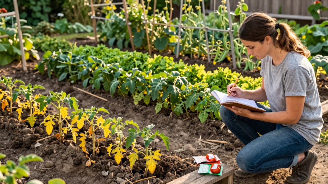 Mulher regista notas num caderno enquanto observa as plantas num jardim com fileiras de vegetais.