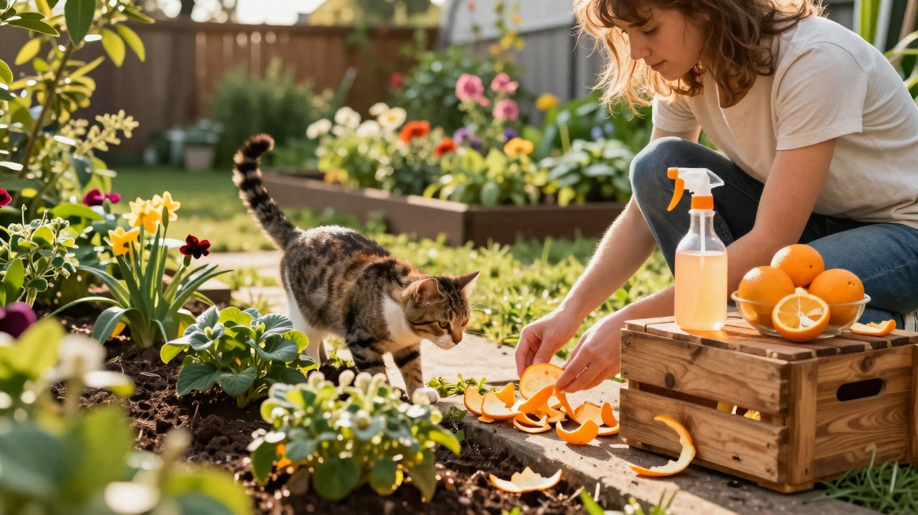 Mulher rega plantas no jardim enquanto gato se aproxima de cascas de laranja no chão.