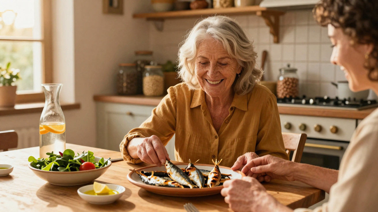 Duas mulheres a partilhar uma refeição com peixe grelhado e salada numa cozinha luminosa e acolhedora.