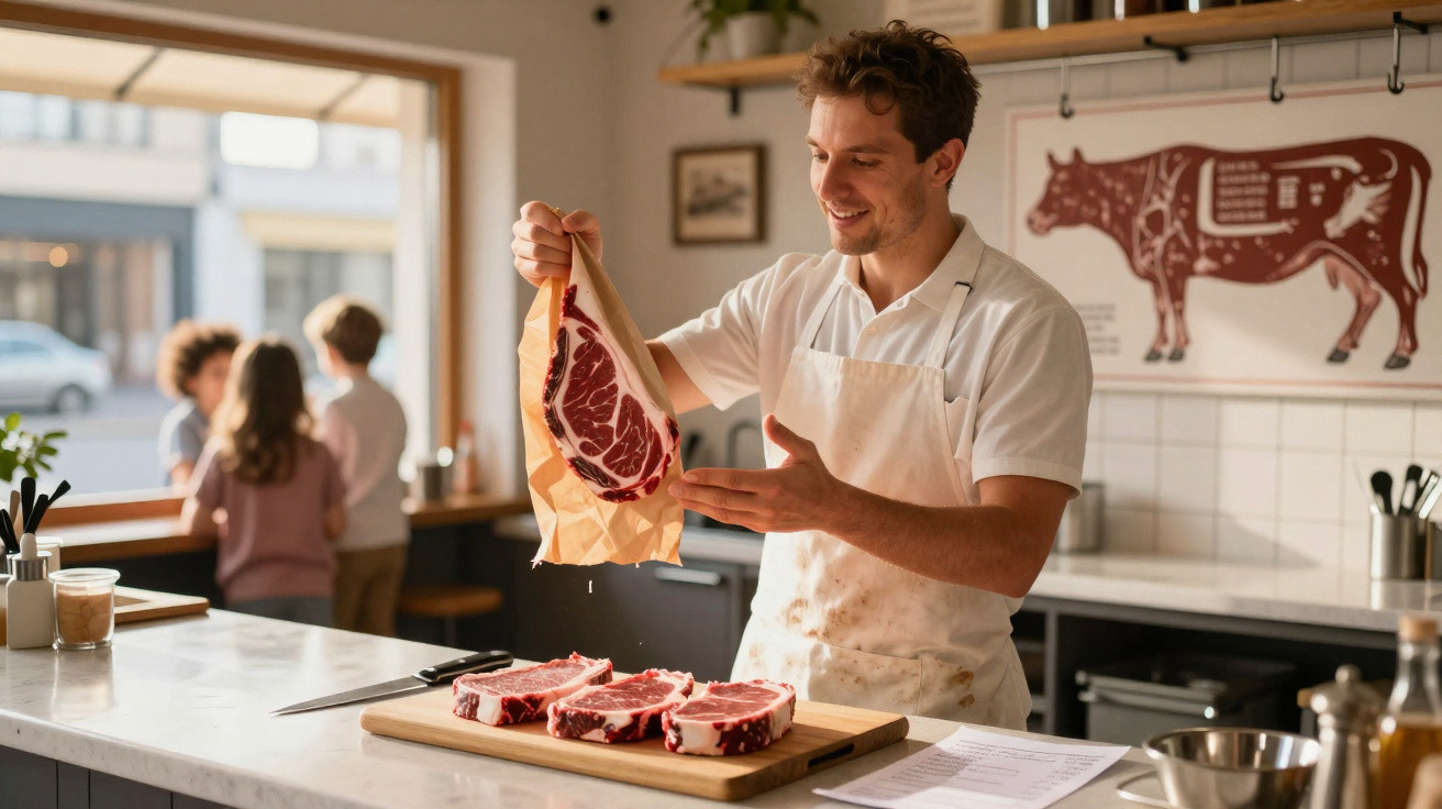 Talhante a segurar um corte de carne, com vários pedaços de carne sobre uma tábua numa loja bem iluminada.