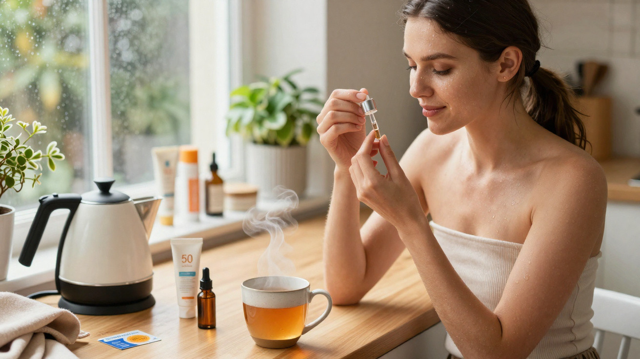 Mulher em camisola cinza a aplicar óleo facial junto a janela com chá quente e produtos de beleza.