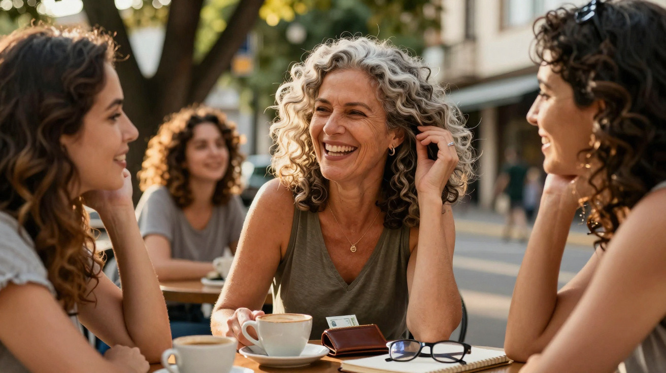 Duas mulheres sorridentes conversam numa esplanada urbana ao entardecer, com café e cadernos na mesa.