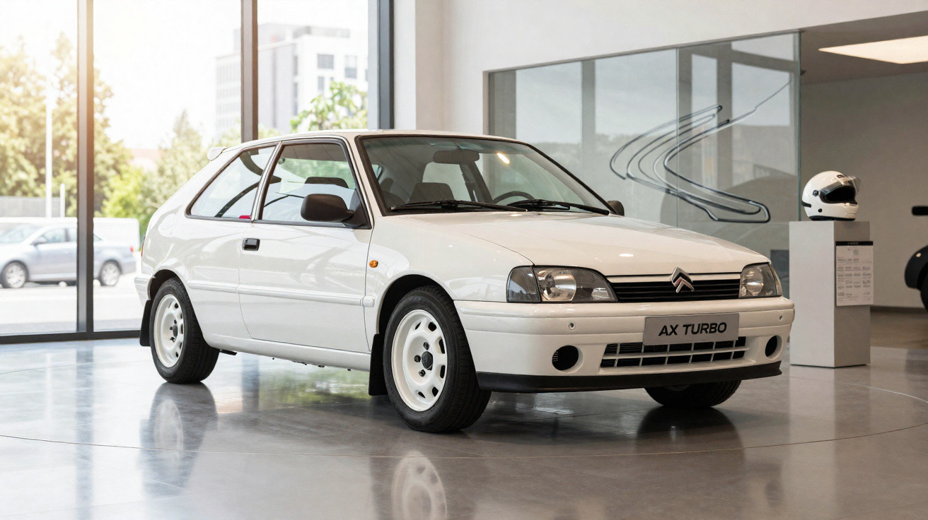 Carro Citroën AX Turbo branco em exposição numa sala com grandes janelas e chão polido.