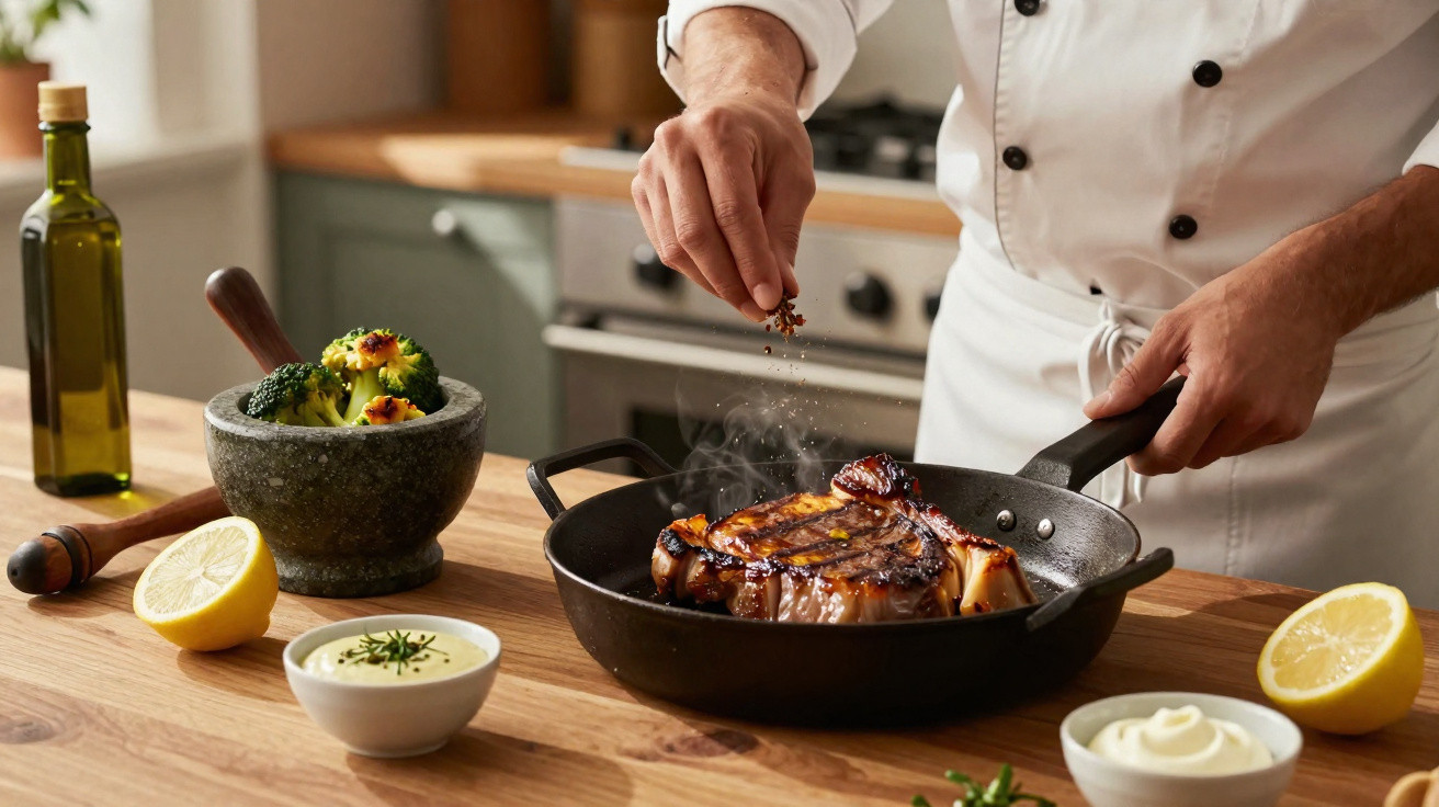 Chef tempera bife na frigideira com couve-flor grelhada, limão e molho numa bancada de cozinha.