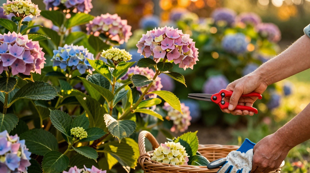 Pessoa a colher flores de hortênsia cor-de-rosa e roxa num jardim, com cesta e luvas de jardinagem.