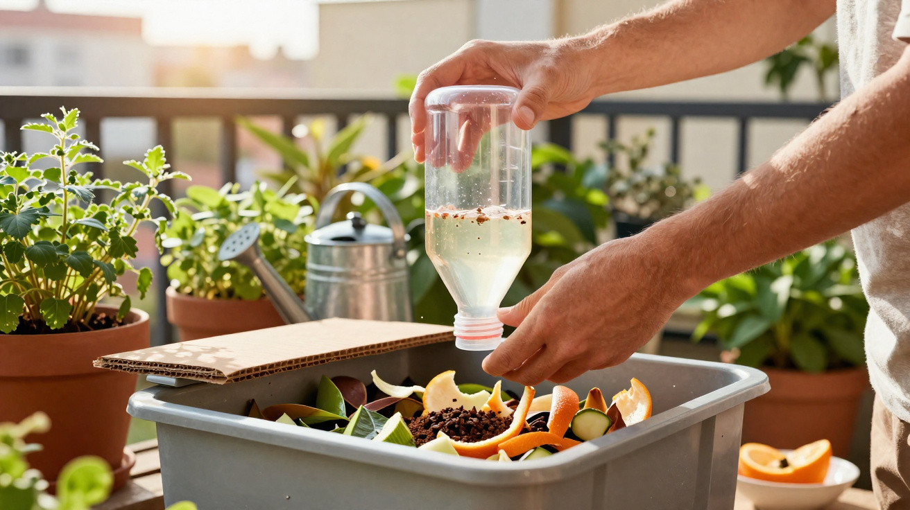 Pessoa a preparar composteira doméstica com fruta e resíduos orgânicos num espaço exterior com plantas.