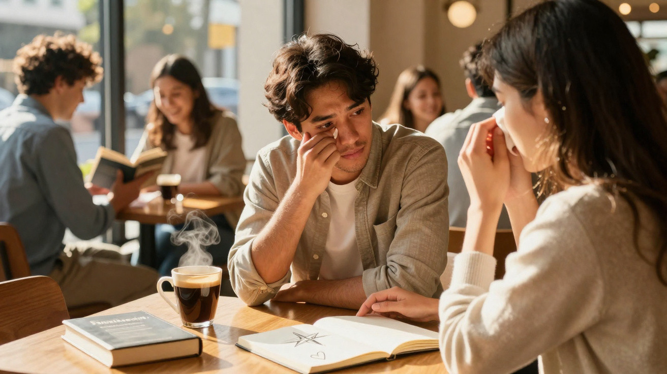 Jovem pensativo lê um livro enquanto outra pessoa toma café numa mesa, com mais pessoas a ler ao fundo.