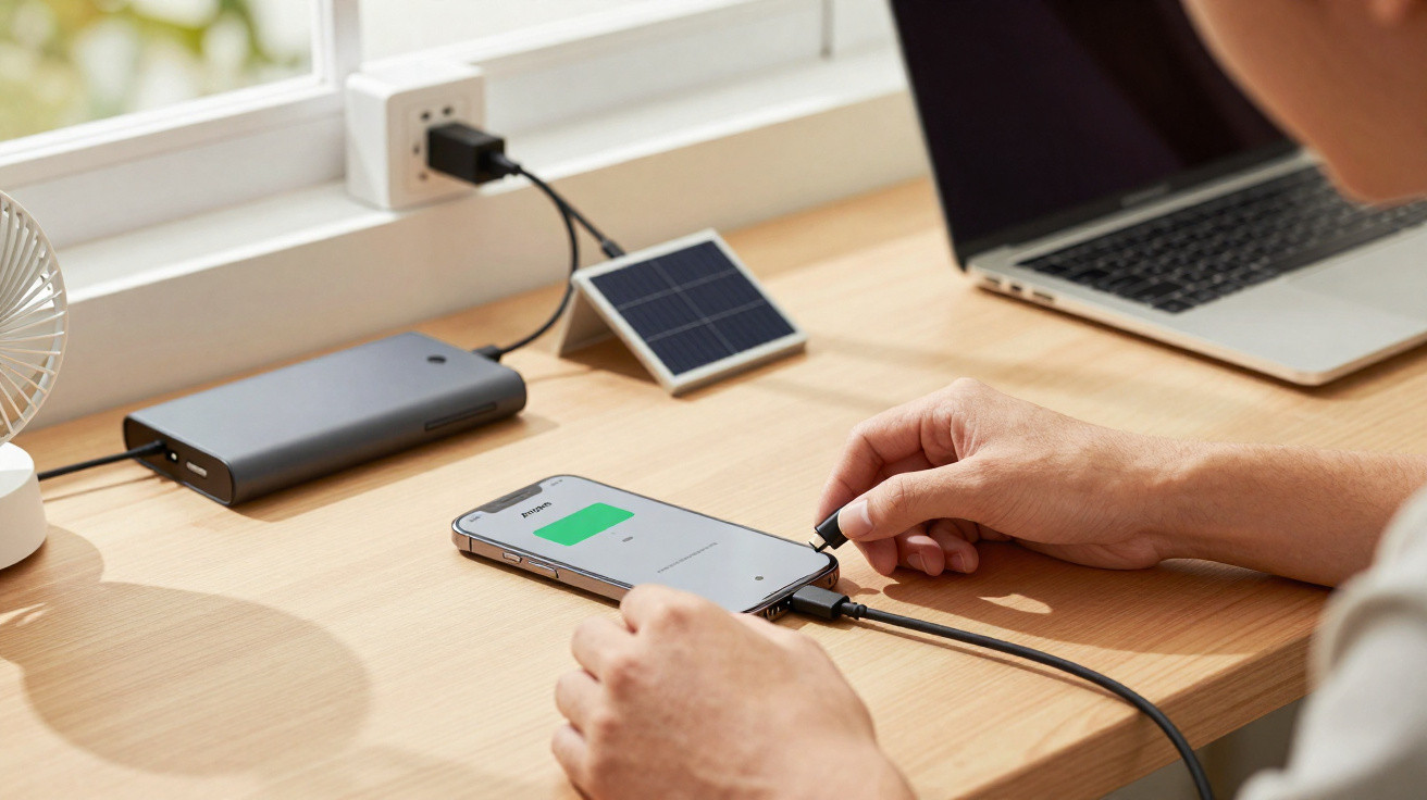 Pessoa a carregar telemóvel com carregador solar numa secretária com portátil e ventilador branco.