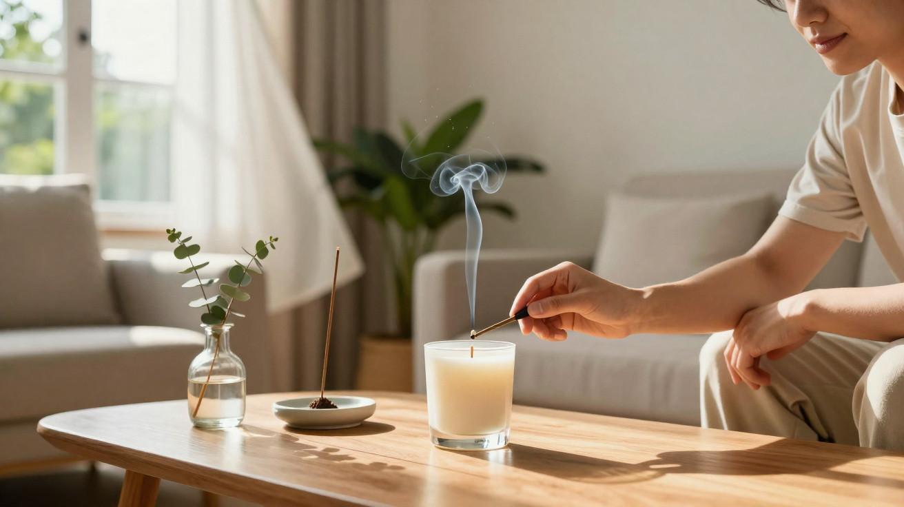 Pessoa acende vela perfumada numa sala iluminada com móveis e plantas.