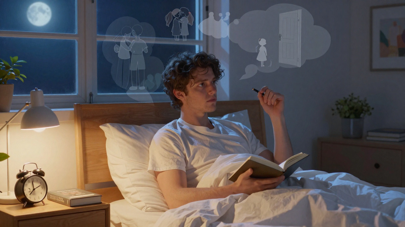 Jovem deitado na cama à noite a ler um livro, com um candeeiro aceso e a lua no céu pela janela.