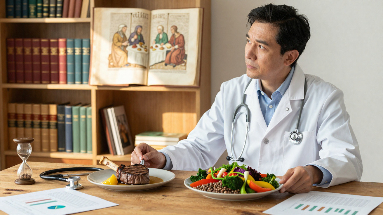 Médico sentado à mesa, segurando prato com legumes, com prato de carne e livros ao fundo.