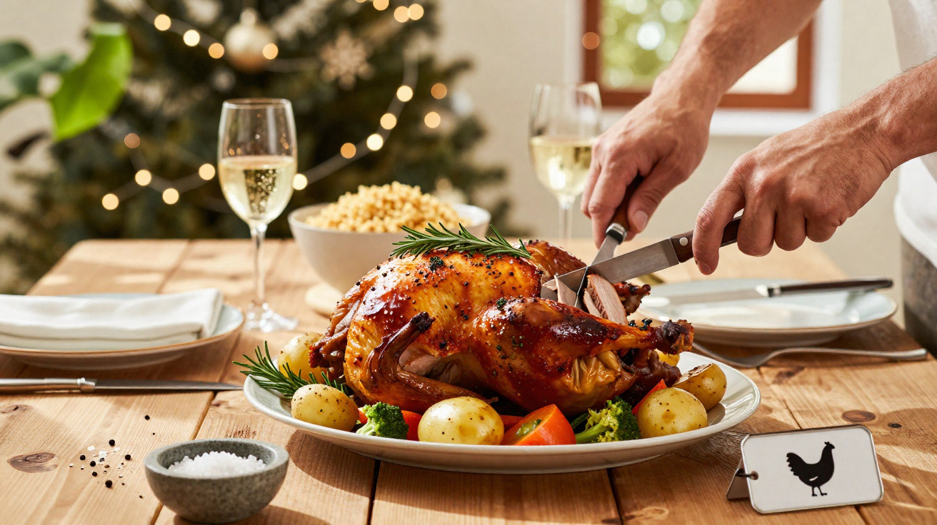Pessoa a cortar peru assado com batatas e tomate, mesa posta com taças e árvore de Natal ao fundo.