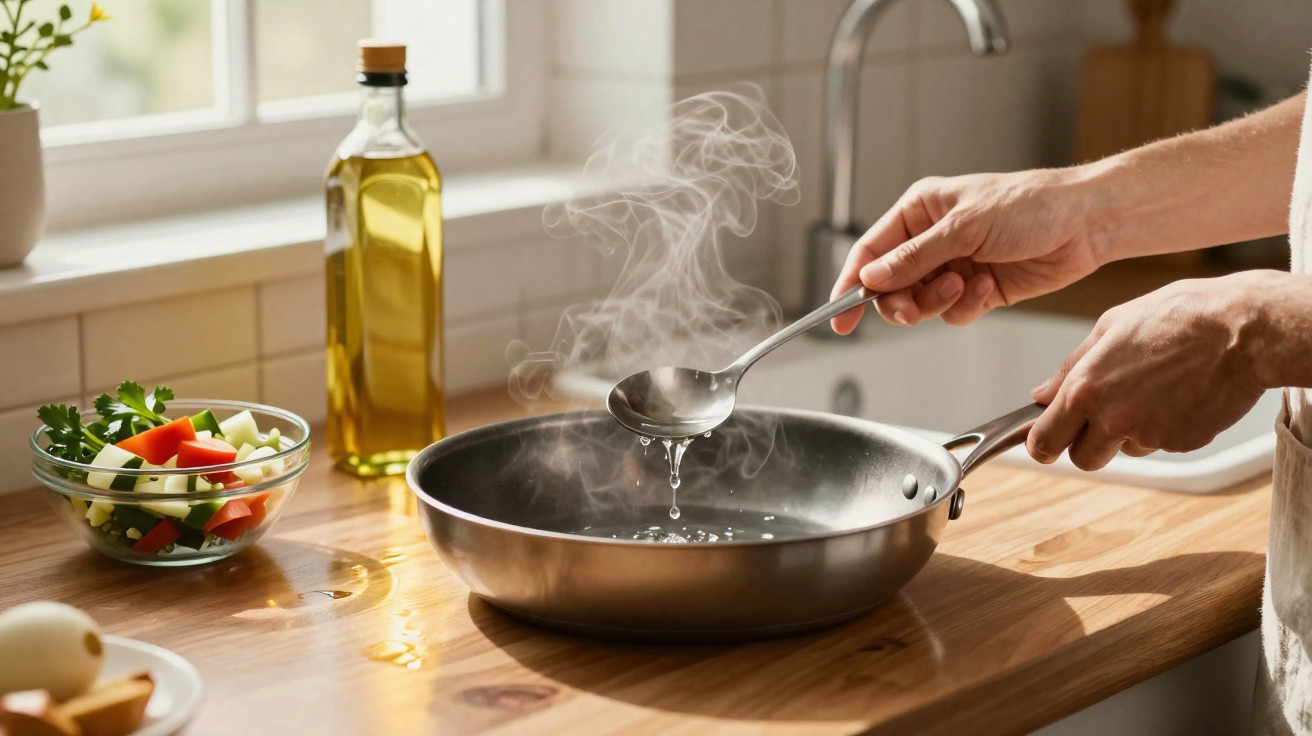 Pessoa a cozinhar com uma frigideira fumegante numa placa de indução numa cozinha moderna.