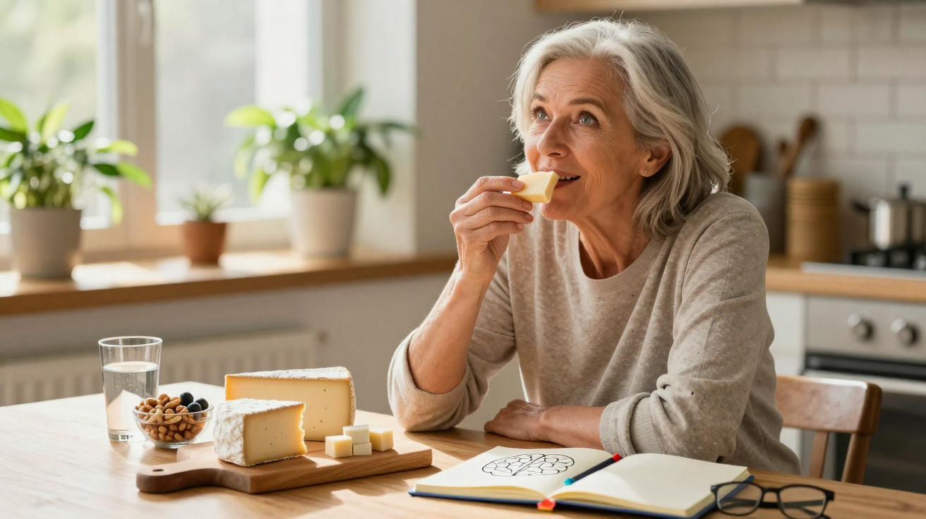 Mulher sénior a sorrir enquanto come queijo sentada numa mesa de cozinha com caderno aberto e fruta ao lado.