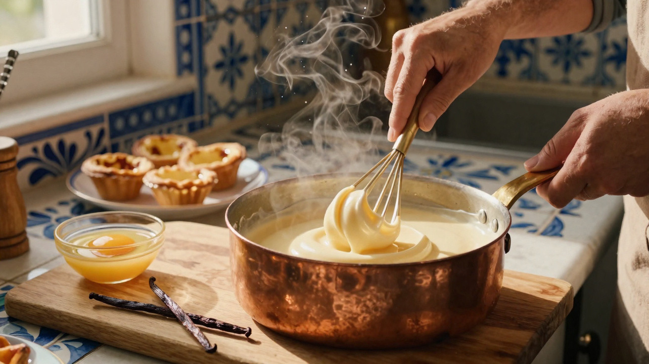 Mãos mexem creme quente numa panela de cobre, com ovos, baunilha e massas ao fundo numa cozinha tradicional.