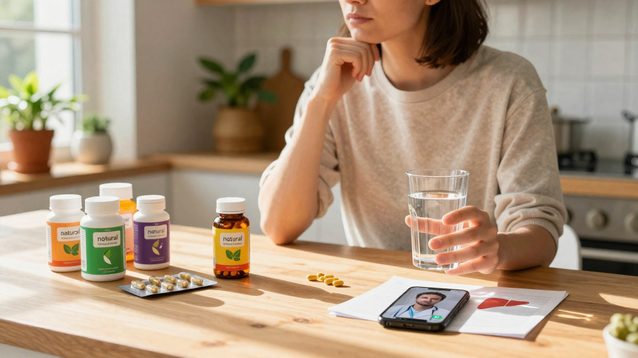 Mulher pensativa na cozinha com vários frascos de suplementos e consulta médica no telemóvel.