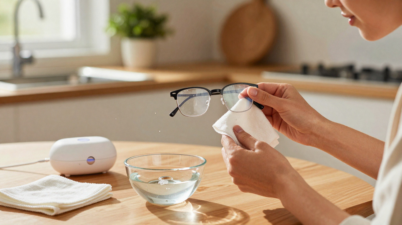 Pessoa a limpar óculos com pano branco numa cozinha iluminada com tigela de água sobre a mesa.