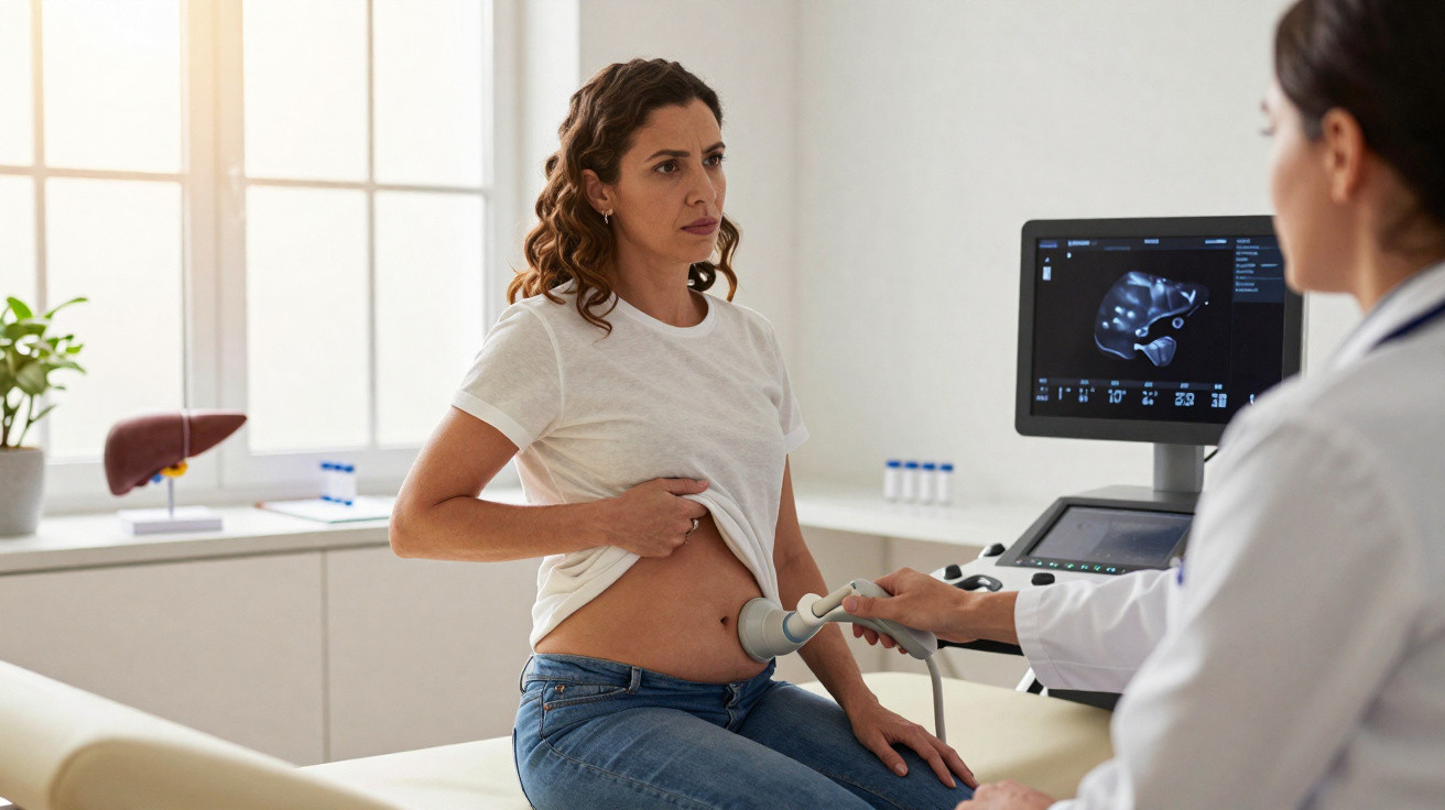 Médica realiza ecografia abdominal a mulher com expressão preocupada num consultório luminoso.