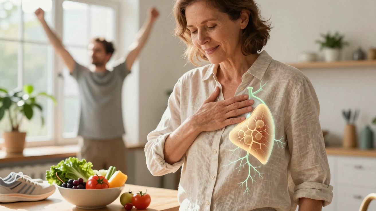 Mulher toca o peito com ilustração do coração, homem feliz ao fundo e frutas sobre a mesa numa sala iluminada.