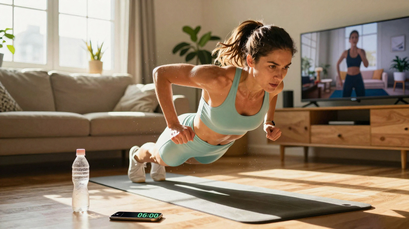 Mulher a treinar fitness em casa com roupa desportiva laranja e televisão com instrutora atrás.