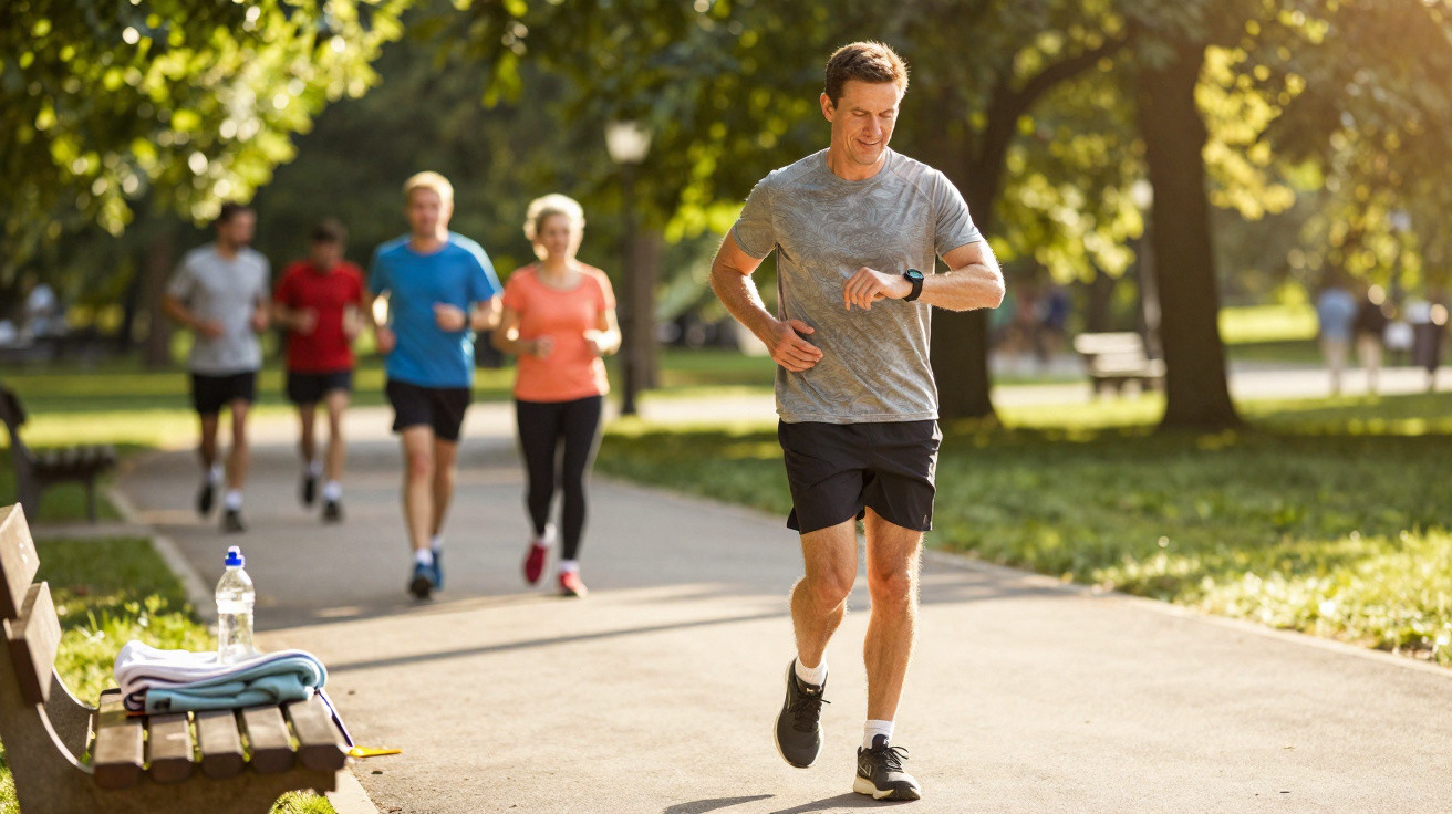 Homem a correr num parque com outras quatro pessoas a praticarem jogging ao fundo em dia ensolarado.