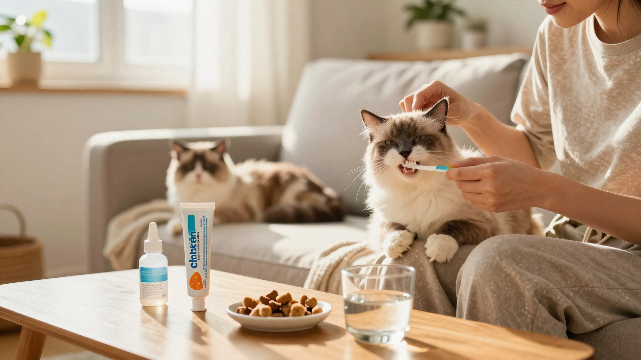 Pessoa a dar medicação oral a um gato numa sala de estar acolhedora com sofá e mesa de madeira.