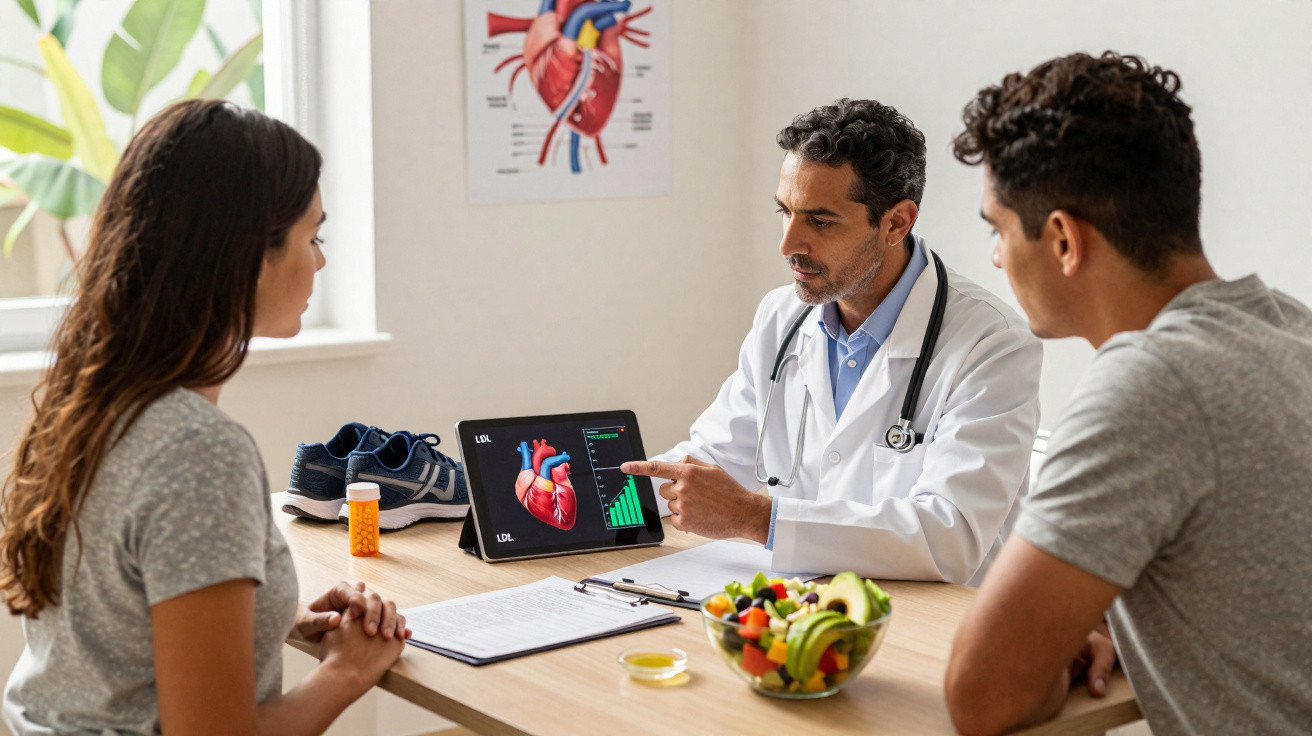 Médico explica dados cardíacos a paciente numa consulta, com tablet e dieta saudável visíveis na mesa.